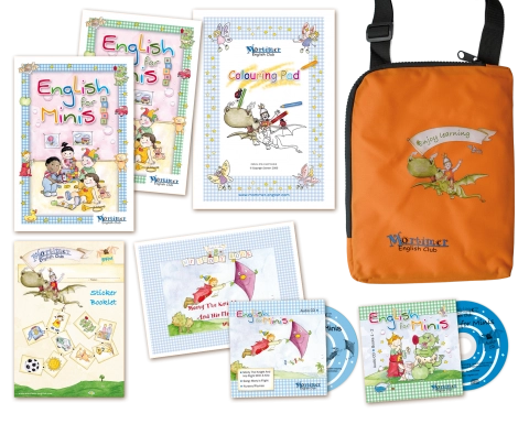 ชุดอุปกรณ์การเรียนภาษาอังกฤษเด็ก English for Minis (EFM) ครบเซตจาก Mortimer English Club พร้อมกระเป๋า หนังสือเรียน สติกเกอร์ และ Mortimer Smart Audio Drive