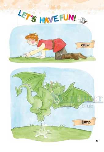 หน้ากิจกรรม Let's Have Fun สอนคำศัพท์กริยา crawl และ jump ผ่านภาพวาดตัวละคร