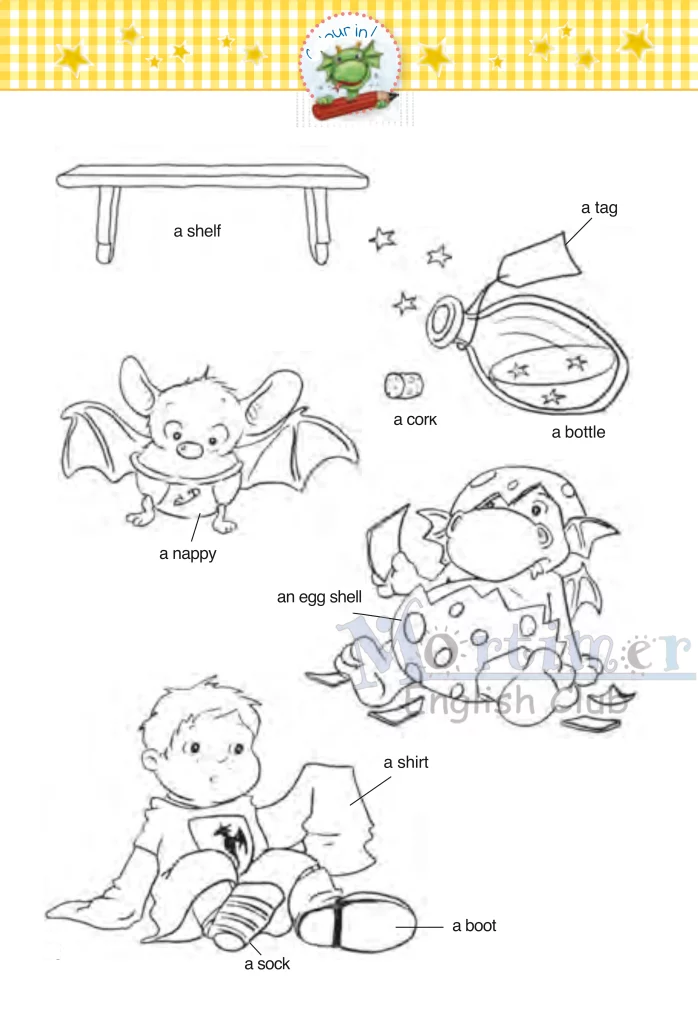 หน้ากิจกรรมระบายสีพร้อมคำศัพท์ภาษาอังกฤษเกี่ยวกับของใช้ เช่น shirt, sock, bottle และ shelf ในหนังสือ EFM