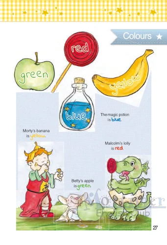 หน้าสอนเรื่องสี red, green, yellow, blue ผ่านภาพแอปเปิ้ล กล้วย อมยิ้ม และน้ำยาวิเศษในสไตล์การ์ตูนอัศวิน