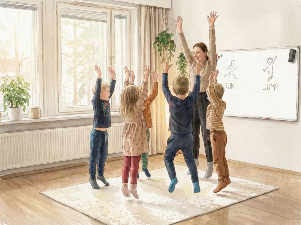 ภาพวาดสีน้ำคุณครูและเด็กๆ กำลังกระโดดทำท่าทางประกอบคำศัพท์ Run และ Jump บนกระดาน แสดงถึงเทคนิคการสอนแบบ TPR (Total Physical Response)